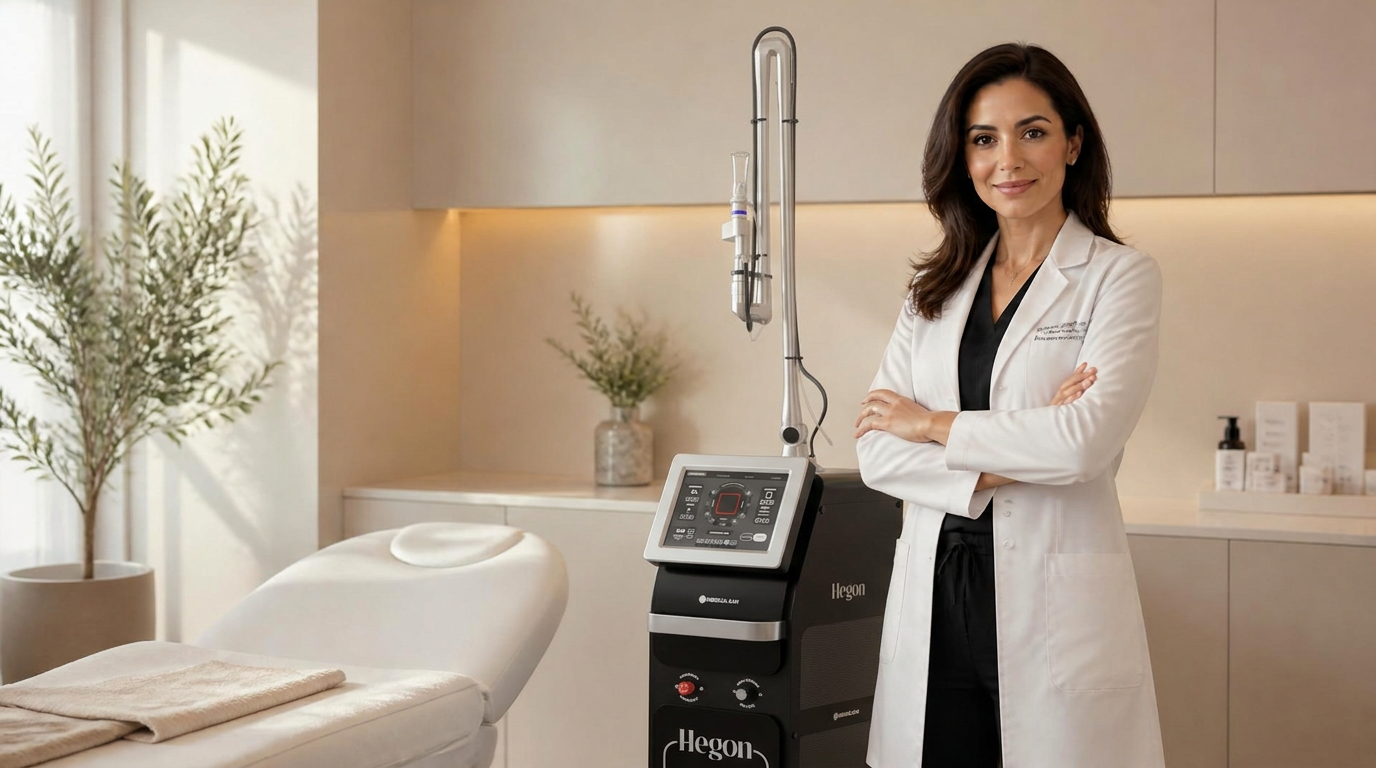 Médica em clínica com equipamento Saudetec